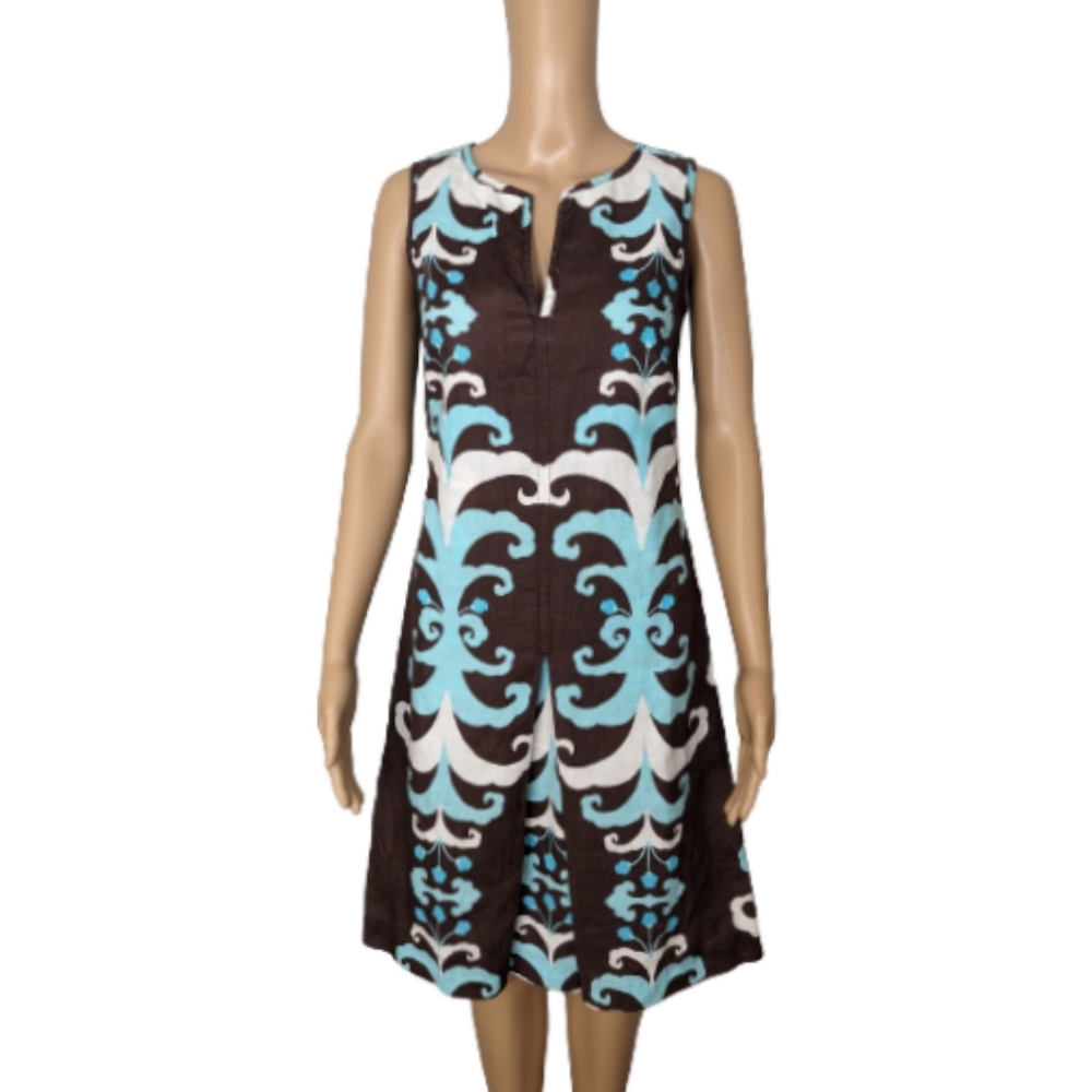 Tory Burch Brown and Turquoise Floral Print Linen Dress 2